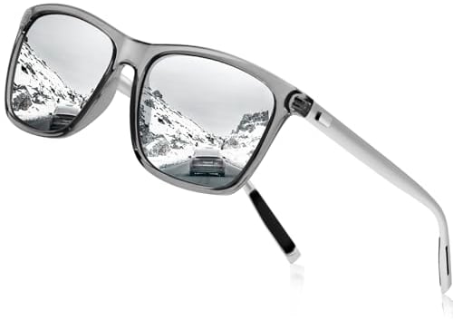KANASTAL Größe Sonnenbrille Herren und Damen Klassische Retro Polarisiert Sonnenbrille UV400 Schutz für Reise Wandern Angeln Alltag, Grau Durchsichtig Rahmen Verspiegelt Silber Gläser