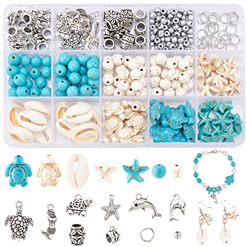 PH PandaHall 292PCS Ocean Schmuckherstellungsset, Blau-Weiß Schildkröten Perlen Mit Loch Zwischenperlen Meerjungfrau Delphin Seestern Legierungs Meer Anhängern Für DIY Halsketten Fußkettchen Bastel