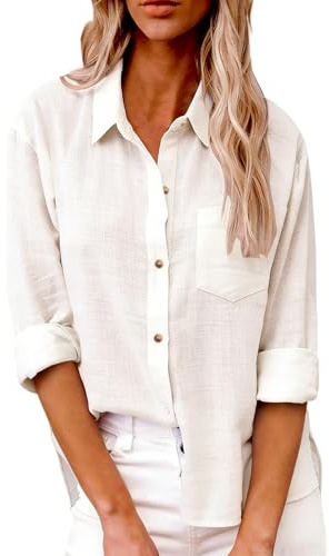 Yolimok Womens Long Sleeve Tops Casual Blouses Button Down Linen Shirts Collared Loose Oversized Summer Tops Dressy Blouses for Women UK Office Work Ladies Top Plus Size 8-22