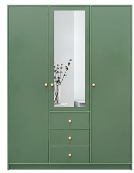 BETTSO-Drehtürenschrank Kleiderschrank mit 3 Türen und 3 Schubladen mit Spiegel und Goldmatte Metallgriffe Pastellfarben Garderobe Dielenschrank Schlafzimmerschrank-Rainbow 150cm (Flaschengrün)