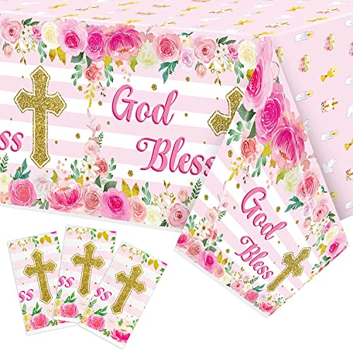 Haooryx 3er-Pack Rosa Tischdecken Für Taufe Und Kommunion - Einweg Wasserdicht Blumenmotiv Rechteckig Passend Babyparty Kirchliche Feiern Dekorative Plastiktischdecken Pflegeleicht Hochwertiges