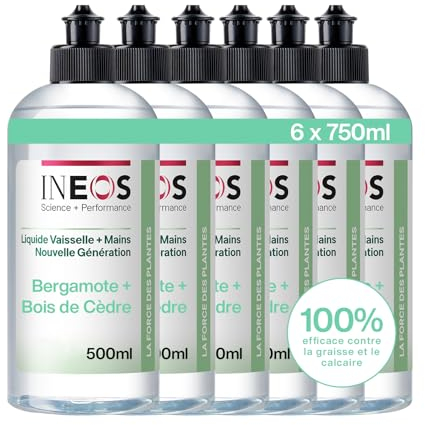 INEOS Liquide Vaisselle et Mains, 2 en 1, Nettoyage Imbattable, Efficace Contre La Graisse Et Le Calcaire, Doux Pour Les Mains, Parfum Bergamote et Bois De Cedre, Pack de 6 X 500ML