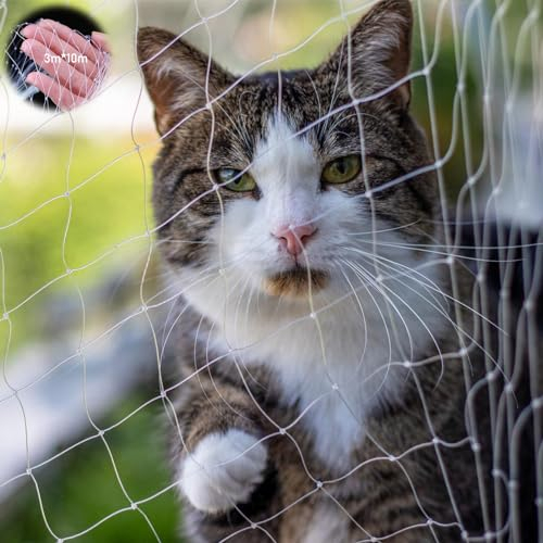 Rete per gatti per balcone, 3 x 10 m, rete di protezione per gatti, 2,5 x 2,5 cm, dimensioni maglie, rete per gatti, balcone, senza foratura, per finestre, terrazze