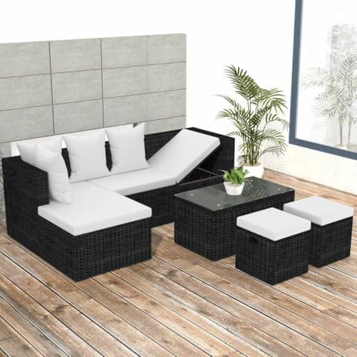 Willood 4-TLG. Garten-Lounge-Set mit Auflagen Poly Rattan Lounge Sofa Sitzgruppe Garten Garnitur Gartensofa Gartenset Ecksofa Fußhocker Schwarz