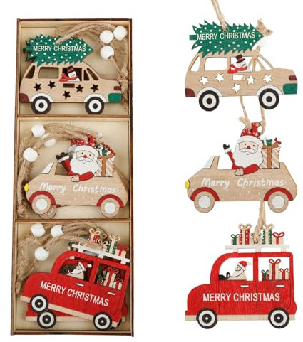 Tabanzhe 9PCS Christmas Tree Wooden Hanging Ornaments-Car Santa Claus Snowman Pattern Decoration Pendant Set with Hemp Rope Embellishments Craft Gifts for Xmas Tree Home Decor