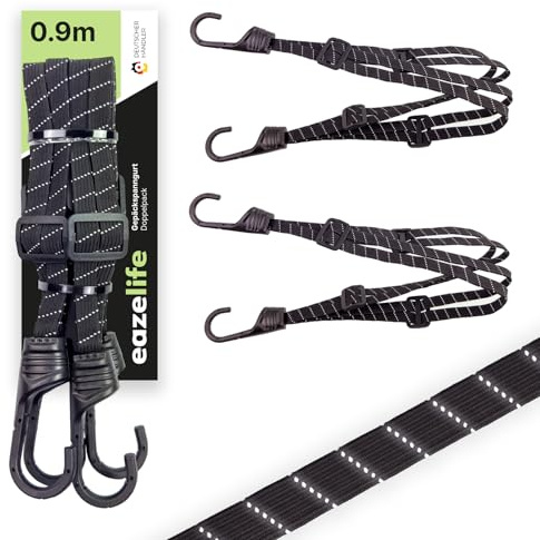 2er Set Gepäck Spanngurt, 90cm, mit verstellbaren Schnallen für Arm-Aufteilung, reflektierend, robust, Kratzschutz, schwarz, belastbare Expander Spanngummi für Fahrrad Gepäckträger & Motorrad