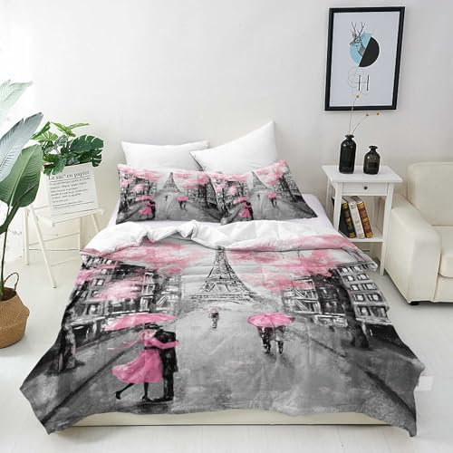 ANHOPE Paris Eiffelturm Rosa Baum Bettwäsche Set 2 Teilig Bettbezug 135x200 cm + Kissenbezug 80x80 cm Weich Microfaser Bettbezüge Set mit Reißverschluss Ganzjahres Bettdeckenbezug Set