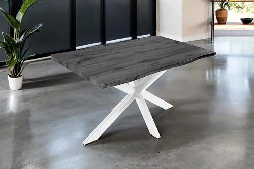SAM Esstisch Josy | 140 x 80 cm | Holz-Optik in Grau | Spider-Gestell Metall weiß | 40 mm Tischplatte mit Baumkante | Tisch für Esszimmer & Küche