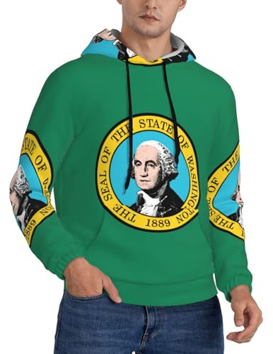 GFXEDSAH Sudadera esencial con estampado de la bandera de Washington para hombre, suéter con bolsillo canguro, para primavera, otoño e invierno, Negro, XXL