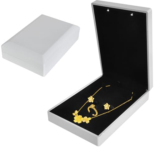 Samt Schmuckschatulle Velvet Box mit LED-Licht, für Halskette Anhänger Ohrring Ring Lagerung, Samt Schmuck Geschenkbox mit LED für Vorschläge Hochzeit Verlobung Valentinstag, 16*11*4.5cm, Weiß