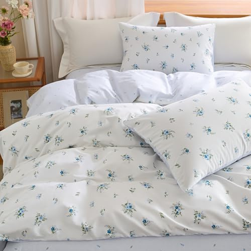 Sedefen Bettwäsche 135x200 Baumwolle Blumen Blau Weiß Wendebettwäsche | Renforce,Oeko-TEX zertifizierte,Aesthetic Bettwäsche für Allergiker,Bettbezug mit Reißverschluss 1 Kissenbezug 80x80