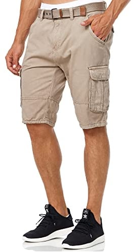 Indicode Herren Monroe Cargo Cargo-Shorts inkl. Gürtel | Bermuda Männer Sommerhose aus Baumwolle Greige, XXL