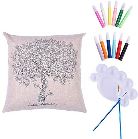 NOVAGO Housse Coussin/taie d'oreiller à colorier et à Personnaliser (peintures et pinceaux fournis) Arbre, 45x45 cm