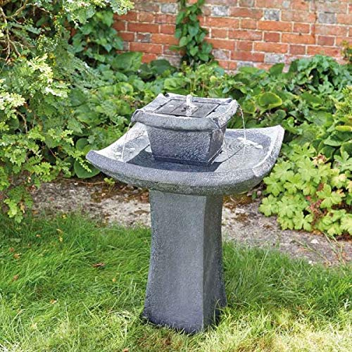 Garden Mile® Fuente de agua de pagoda en cascada de 2 niveles – Fuente de agua de piedra independiente alimentada por energía solar – Adorno de jardín decorativo al aire libre centro de mesa para