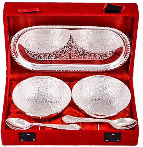 Rastogi Handicrafts Silver Plated Round Shaped Bowl and Tray Set Dry Fruit Bowl Set, Diwali, Christmas, Festival Gifts, Set