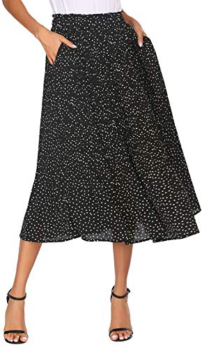 Parabler Damen Hohe Taille Röcke Retro Maxirock Polka Dot Rock Lang Herbst und Winter Elegant Faltenrock mit Tasche Schwarz M
