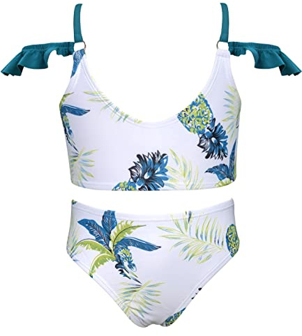 SHEKINI Mädchen Zweiteiliger Badeanzug Tankini Set Rüschen Gedruckt Bademode Weste Verstellbar Schultergurter Kinder Badehose Bikini für 6-14 Jahre (8-10 Jahre,Dunkelgrün