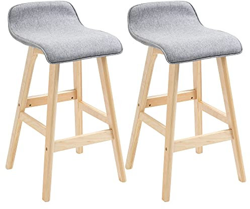 HOMCOM Tabourets de Bar Style scandinave - Lot de 2 tabourets de Bar avec Repose-Pieds - Bois de Sapin Tissu Polyester Aspect Lin Gris