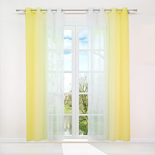 HongYa Lot de 2 Rideaux Voilages Dégradé à Oeillets en Polyester Transparent Décor de Fenêtre pour Chambre Balcon Cuisine Jaune H/L 245/140cm