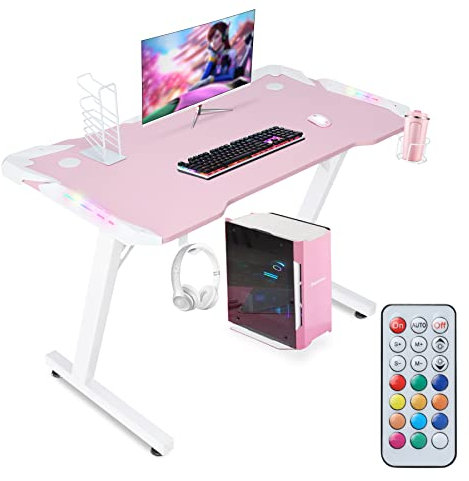 HomeMiYN Bureau Gaming Bureau Informatique Table Gamer pour Jeu PC, Table Gaming PC Ergonomique avec Porte-Gobelet LED et Kit d'autocollants pour Casque 2 pour PC. (Rose-Blanc)