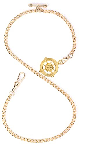 ManChDa Albert Chain Taschenuhr, T-Bar-Kette mit Kompassanhänger, Curb Link Chain 2 Haken Antike Fob T-Bar für Herren (Gold)