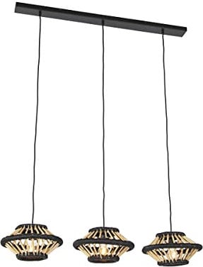 Qazqa - Orientalisch Orientalische Hängelampe I Pendellampe I Pendelleuchte Bambus mit schwarzem länglichem 3-flammig-Licht - Evalin I Wohnzimmer I Schlafzimmer - Bamboo Rund - LED geeignet E27