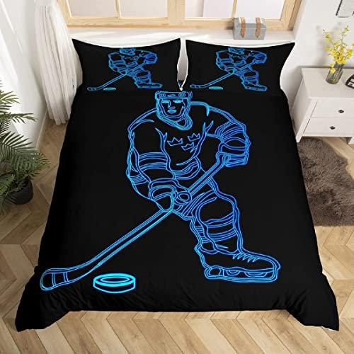 TACOKI Eishockey Bettwäsche 135x200 cm Kuschelig Weiche Microfaser 3D Druck Blau Bettwäsche-Sets Junge Bettbezug + 2 Kissenbezug 80x80 cm mit Reißverschluss