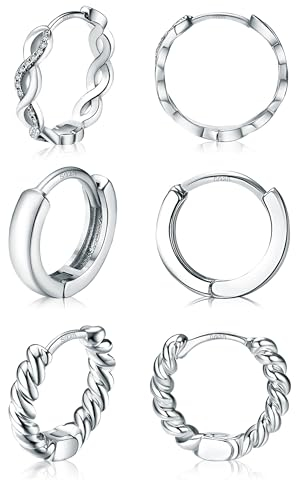 Dochais 3 Paare Silber 925 Creolen Set - Ohrringe für Damen und Herren - Sterling Silber Kleine Creolen mit AAA Zirkonia - Hypoallergene Leichte 13/15/20mm