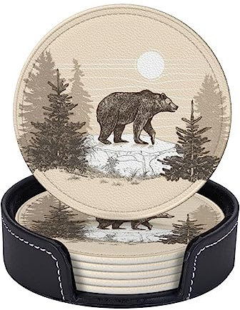 Famame Lot de 6 dessous de verre vintage en cuir avec support Motif ours dans la pierre