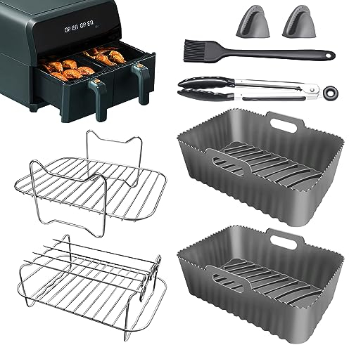 Air Fryer Accessories Set of 8 PCS with Reusable Silicone Air Fryer Liner, Dual Air Fryer Rack, Oil Brush, Skewer, Food Clip, Silicone Glove, Kitchen Tong for Ninja Dual AF300UK AF400UK - Grey