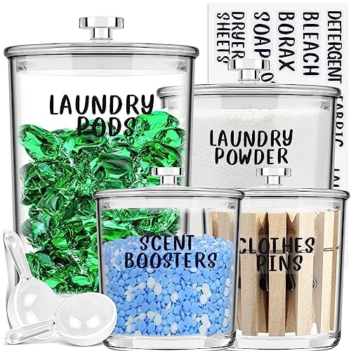 TIDIdea 4 Pack Laundry Storage Containers Jars with Labels & Scoops - Washing Powder Storage to Hold Detergent,Pod,Capsule,Peg,Soap,Bead,Accessories - Laundry Room Organisation and Organiser Solutions