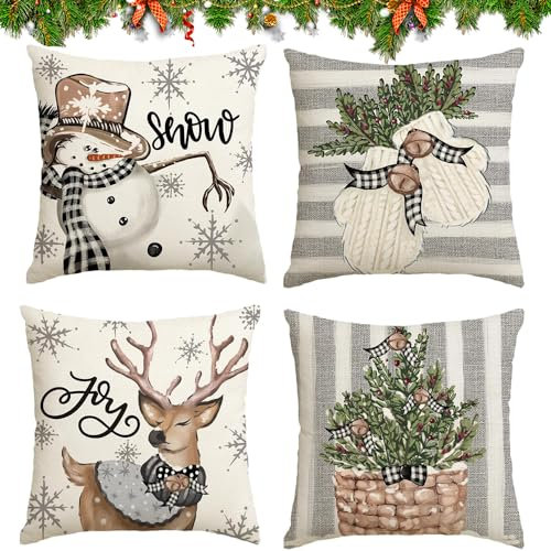 HIQE-FL Leinen Dekokissen 40x40cm,4 Stück Kissenbezug Weihnachten,Dekorative Kissenhülle,Kissenhülle Weihnachten,Weihnachten Kissenbezug Rehntier,Kissenbezug Weihnachtsmotiv