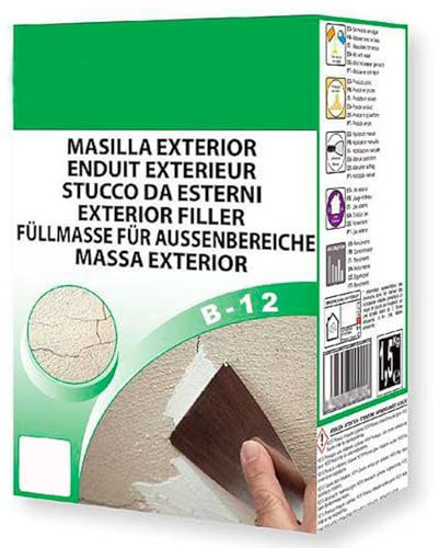 Tradineur - Masilla para exterior en polvo B-12, retapados de grietas, albañilería, reparación de fachadas, fabricado en España (Blanco - 1,5 kg)