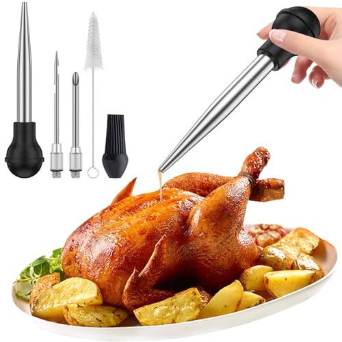 Turkey Baster Set of 4 ,Stainless Steel Turkey Baster Syringe with Cleaning Brush Meat Marinade Injector with 2 Needles and Detachable Silicone Round Bulb Meat Baster for BBQ Grill Baking Kitchen Cook