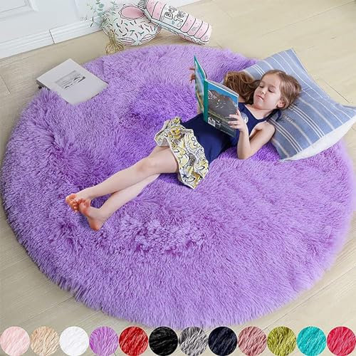Skeiyo Teppiche Rund Shaggy Wohnzimmer, für Kinderzimmer Schlafzimmer Wohndekoration Pelziger Teppich,Lila 80cm