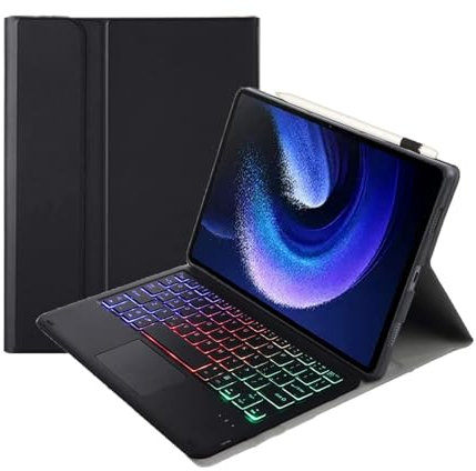 Yunseity Case for Xiaomi Pad 6/6 Pro 11 Inch 2023, 7 Color Backlit Magnetic Detachable Wireless Bluetooth Keyboard, Hard Shell PU Protective Cover (Black)
