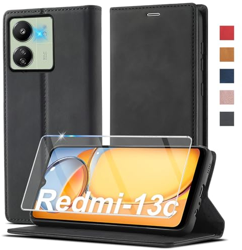 Handyhülle für Xiaomi Redmi 13C Hülle Leder [Mit Schutzfolie] für Xiaomi Redmi 13C/ Poco C65 Hülle Klappbar Leder Flip Wallet Stoßfeste Case Schutzhülle Klapphülle für Xiaomi Redmi 13 C（4G/5G）