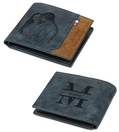 kaululu Portefeuille Personnalisé pour Homme Portefeuille Photo avec Gravure Alphabet et Noms Portefeuille Homme avec Fermeture éclair pour Carte Identité Portefeuille pour Papa Mari