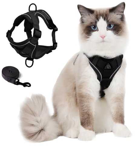 Skmeditec Katzengeschirr und Leine: verbesserte ausbruchsichere Weste mit Leine für große Katzen, kleine Hunde, Welpen, Spaziergänge, weiche Jacke mit reflektierenden Streifen, Schwarz (S)