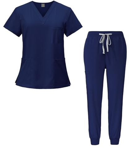 Meichoon Medical Overalls Suit V-neck Short-sleeved Top with 3 Pockets Slim Pants Quick-drying Unisex DK05