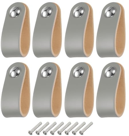 sourcing map 8 Packs Leather Drawer Pulls, Single Hole Leather Drawer Knobs Furniture Dresser Handles Pulls with Screws for Dressers Drawers Closet Kitchen Cupboard, Grey/Silver