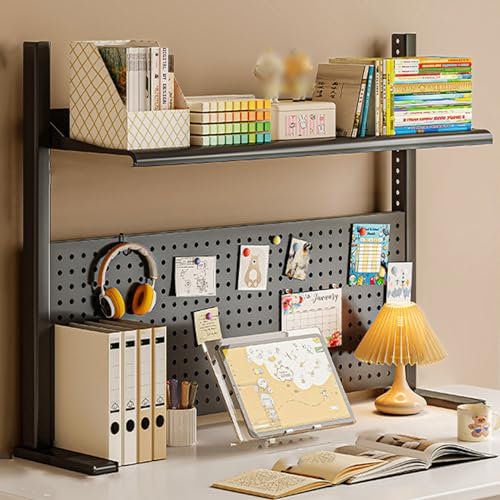 Desk Organizer Shelf Clip On for Home Office Storage, Clamp On Desktop Shelf with Perforated Board and Hooks - Storage Box, Shelving Unit