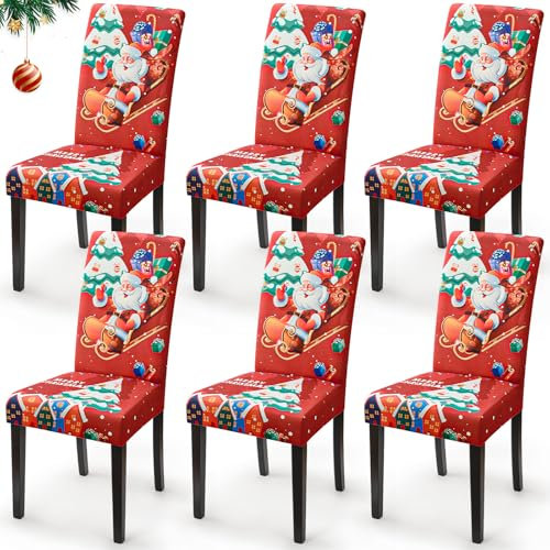 Weihnachten Stuhlhussen 6er Set Stretch Xmas Stuhlbezug Stuhlhussen für Esszimmerstühle Moderne Universal Weihnachtsstuhlbezüge Stuhlbezug für Weihnachts Esszimmer Hotel Party(6er Set, Weihnachtsmann)