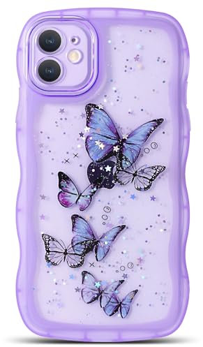 NITITOP Compatible with iPhone 12 Case Cute Clear for Women Girls Butterfly Bling Glitter Sparkling Star Wave Curly Frame Soft TPU Shockproof Camera Protective Cover - Purple