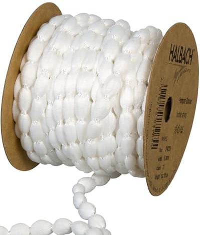 Halbach Seidenbänder Pompom Borte | Breite 8mm Länge 15m | Band mit Bommeln als Pompons-Girlande, Hochzeitsdeko, Gartenparty Deko | Farbe: weiß