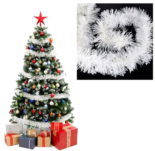 Bianco Ghirlanda Fiocchi di Neve Natalizia, 5 x 2M Ghirlanda Albero di Natale, Ghirlanda di Abete con Fiocchi di Neve Bianchi, Natale Tinsel Ghirlanda, Accessori di Natale per Porte, Camini, Scale