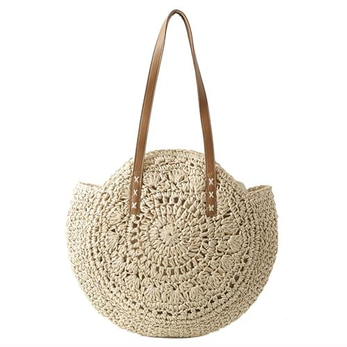 Xusxes Panier De Plage Paille Sac Bandoulière Rétro Rond Sac À Bandoulière Rotin De Paille Pour Beige À Main Femme Ete Paille De Plage Paille Pour les voyages, les vacances, les loisirs