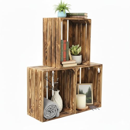 Teramico 3X XXL Holzkisten (50x40x30cm) | Geflammt | Vielseitig einsetzbar für Lagerung, Organisation, zur Dekoration oder als Geschenk (Geflammt)