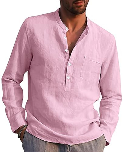 Rodawu Chemise en lin à manches longues pour homme - Style décontracté - Pour l'été et la plage, rose, XL