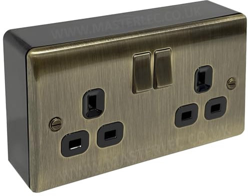 Antique Brass 2 Gang Double Socket & 32mm Black Surface Pattress Back Box